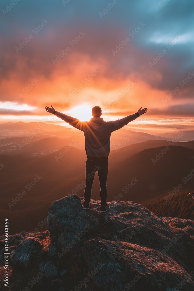 A victorious person stands triumphantly on a mountain peak, arms outstretched, as the sunrise casts a golden glow exhilaratingly. A victorious person stands triumphantly on a mountain peak, arms outstretched, as the sunrise casts a golden glow exhilaratingly.