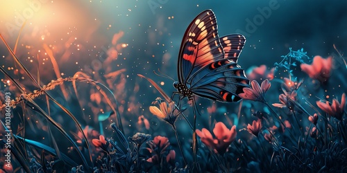 A butterfly displays intricate wing patterns while resting on colorful flowers, symbolizing beauty and transformation.