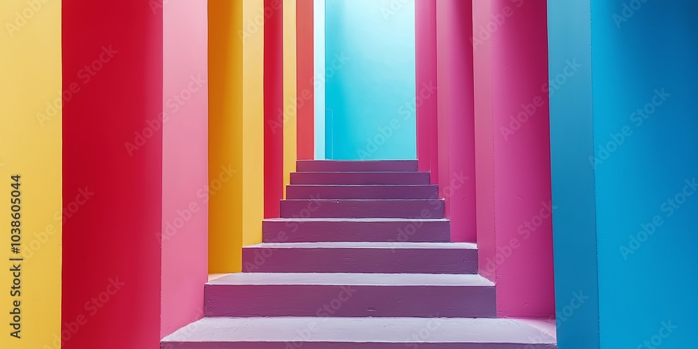 An artistic stairway designed with vibrant color columns leading upwards capturing attention. An artistic stairway designed with vibrant color columns leading upwards capturing attention.