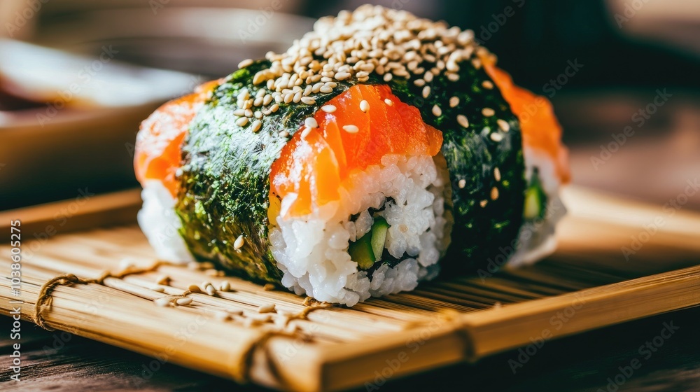 Fresh Sushi with Salmon and Sesame Seeds on a Plate Fresh Sushi with Salmon and Sesame Seeds on a Plate