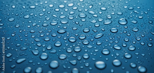 A close-up image of a blue surface with water droplets of varying sizes, scattered randomly and reflecting light, creates a dynamic and visually striking composition