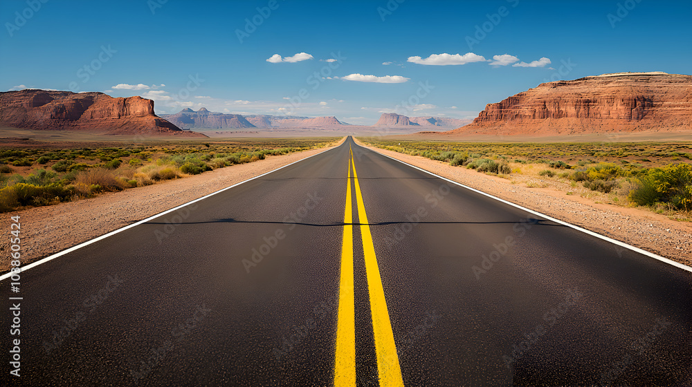 Endless highway stretching through the vast desert landscape under a bright blue sky, symbolizing freedom, adventure, road trip, and exploration Endless highway stretching through the vast desert landscape under a bright blue sky, symbolizing freedom, adventure, road trip, and exploration