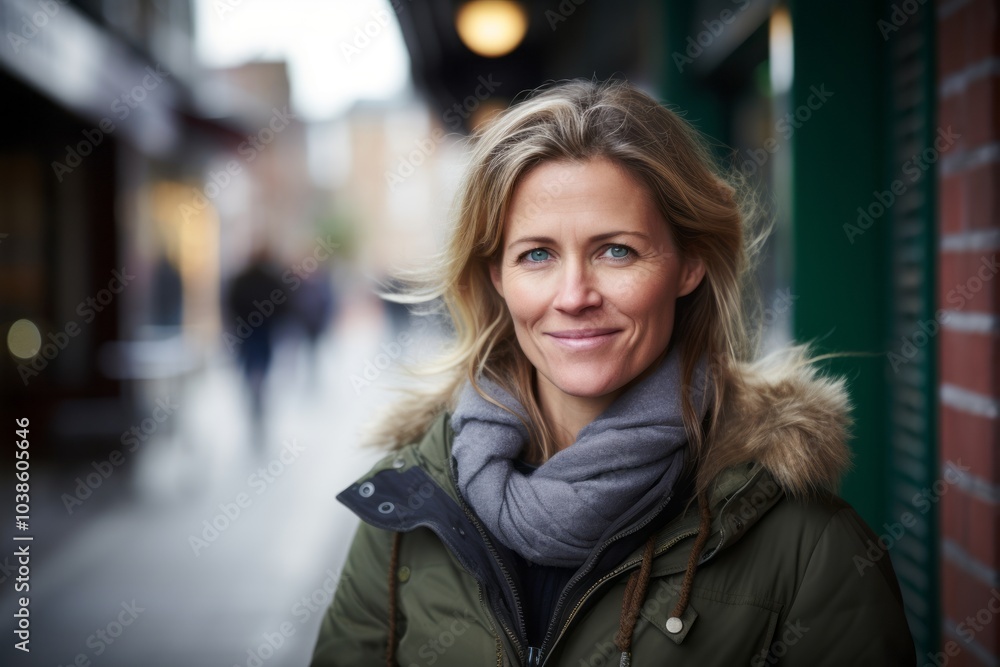 Portrait of smiling middle aged woman in city. Focus on woman Portrait of smiling middle aged woman in city. Focus on woman