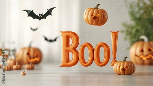 A festive Halloween scene featuring carved pumpkins and bats, with the word 