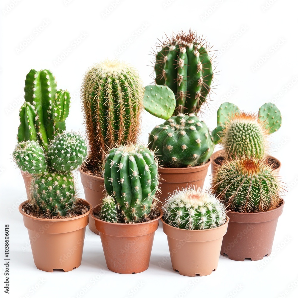 A variety of small cactus plants in individual pots, isolated on a white background. isolated on white background A variety of small cactus plants in individual pots, isolated on a white background. isolated on white background