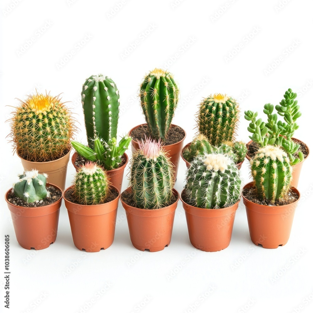 A variety of small cactus plants in individual pots, isolated on a white background. isolated on white background. A variety of small cactus plants in individual pots, isolated on a white background. isolated on white background.