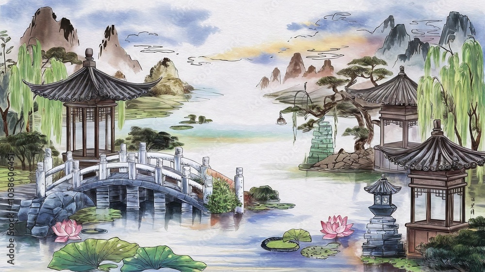 Fototapeta premium Charming watercolor illustration of a traditional Asian garden with pagodas and a stone bridge