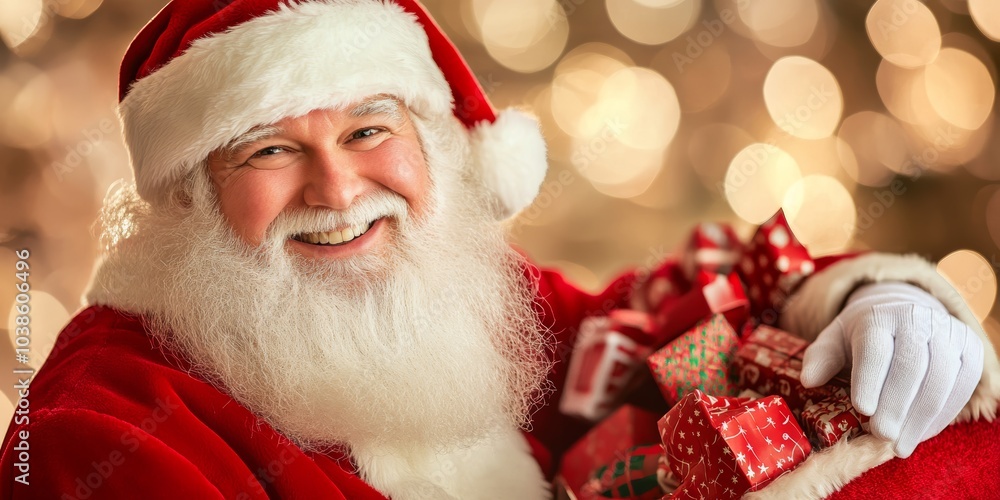 A close-up of Santa Claus delivering gifts, with a sack full of toys and a warm smile on his face A close-up of Santa Claus delivering gifts, with a sack full of toys and a warm smile on his face