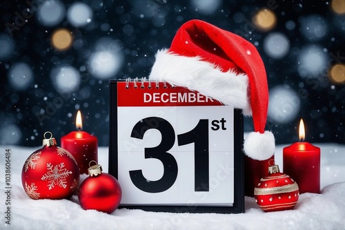 a calendar with the date December 31st ,with a Santa hat and surrounded by lit candles, red Christmas ornaments, and falling snow