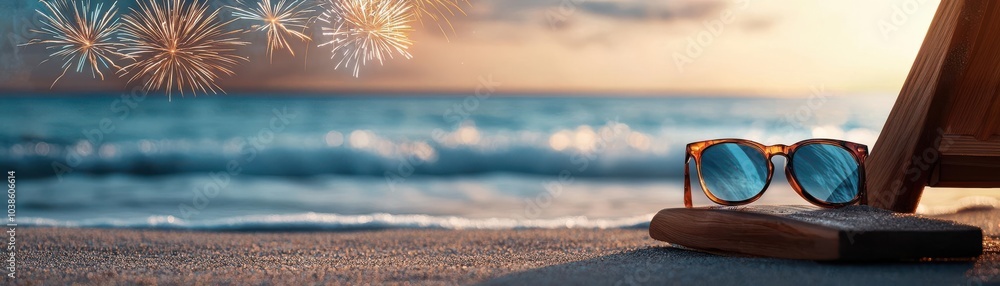 New Year 2025, beachside fireworks display reflecting off the ocean waves, serene and colorful, flat design illustration New Year 2025, beachside fireworks display reflecting off the ocean waves, serene and colorful, flat design illustration