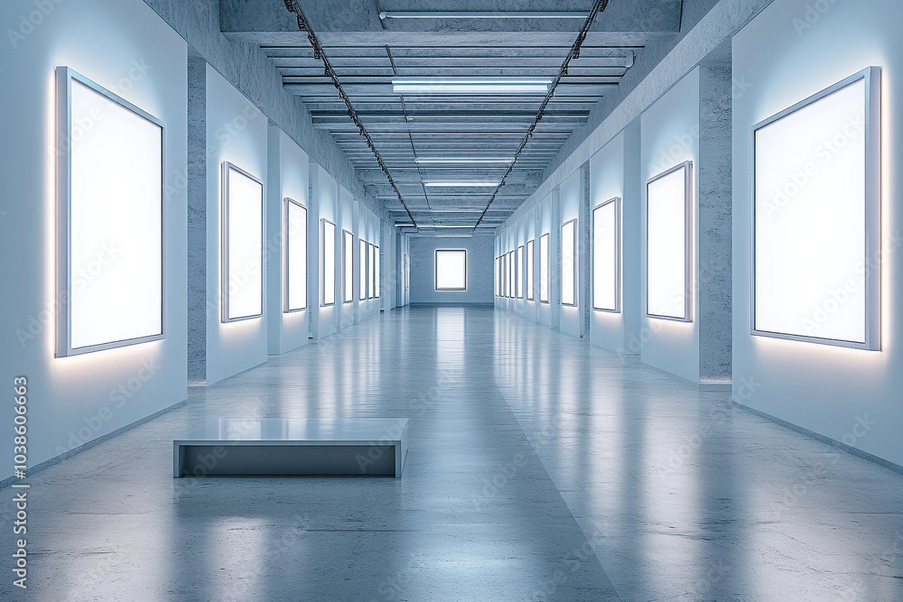 Empty fashion gallery with empty picture frames illuminated by spotlights. Museum or studio interior with white posters in black frames. Art exhibition template Empty fashion gallery with empty picture frames illuminated by spotlights. Museum or studio interior with white posters in black frames. Art exhibition template