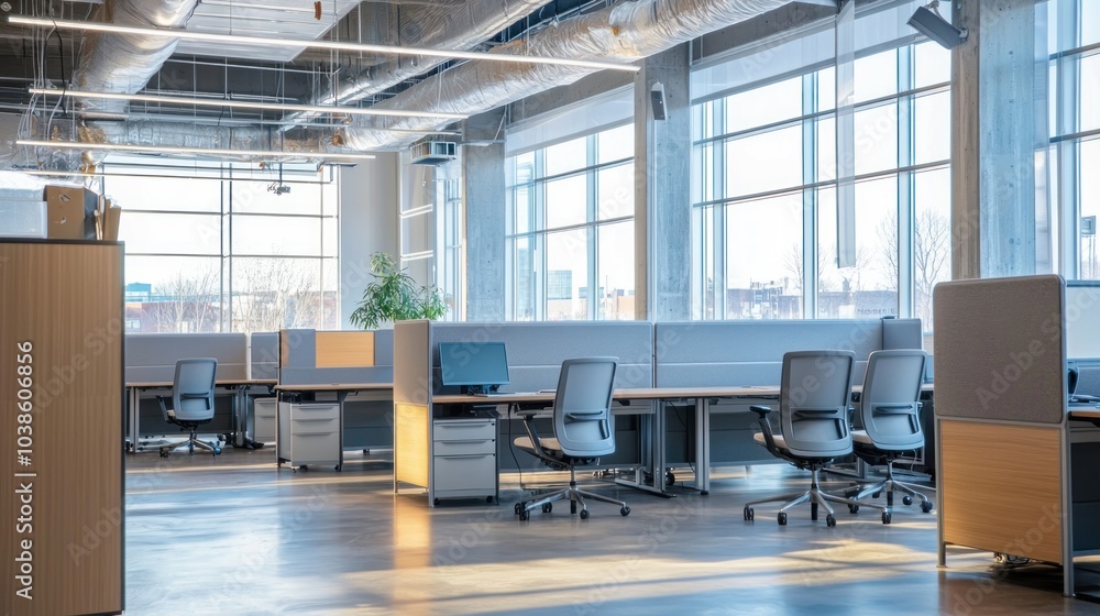 A modern open-plan office filled with sleek, ergonomic office furniture, including chairs, desks, and cubicles. A modern open-plan office filled with sleek, ergonomic office furniture, including chairs, desks, and cubicles.