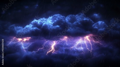 A picture of a stormy cloud with lightning bolts. The image shows a dark cloud with rain falling and bright flashes of lightning.