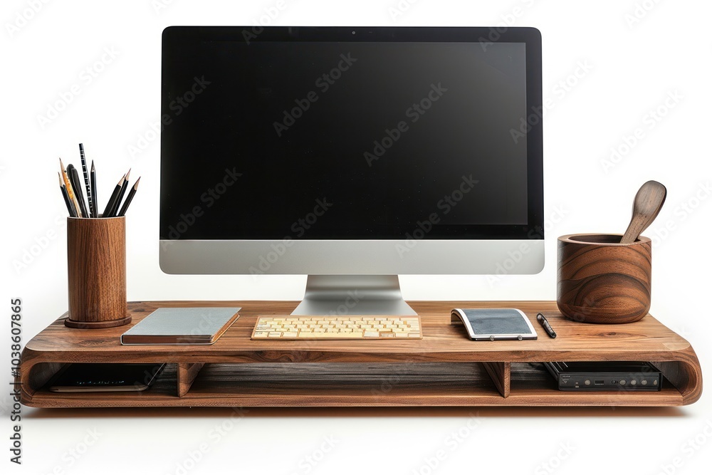 A clean work desk with a desktop monitor, a notepad, and a pen holder isolated on white A clean work desk with a desktop monitor, a notepad, and a pen holder isolated on white
