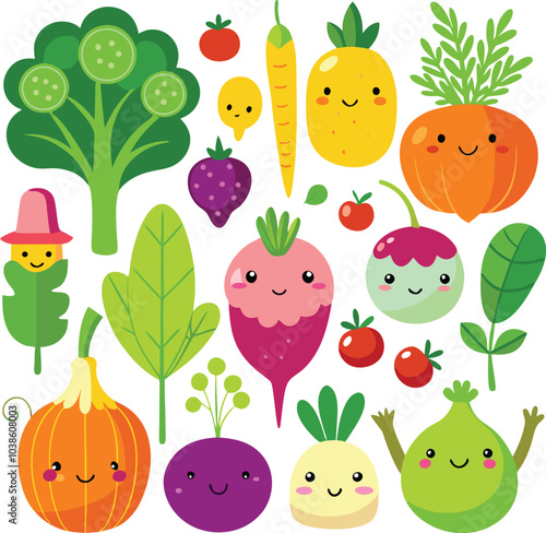 Cute Veggie Friends: A colorful and whimsical collection of happy vegetables, featuring broccoli, tomatoes, carrots, pineapple, strawberries, beets, pumpkins, corn, and more.