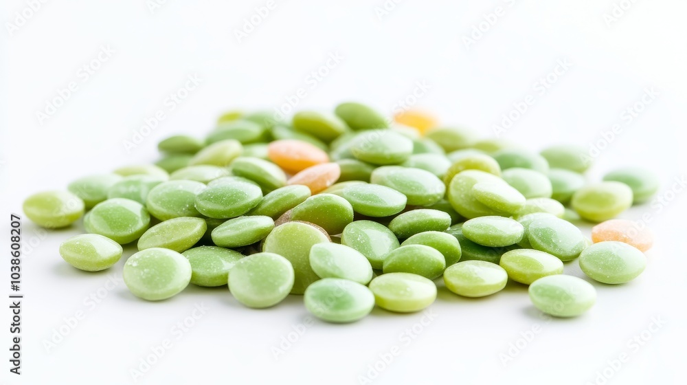 A pile of green, hard mint candies on a white background. There are also some colorful lozenges in the group. A pile of green, hard mint candies on a white background. There are also some colorful lozenges in the group.