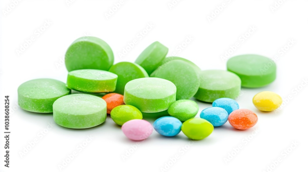 A pile of green, hard mint candies on a white background. There are also some colorful lozenges in the group. A pile of green, hard mint candies on a white background. There are also some colorful lozenges in the group.