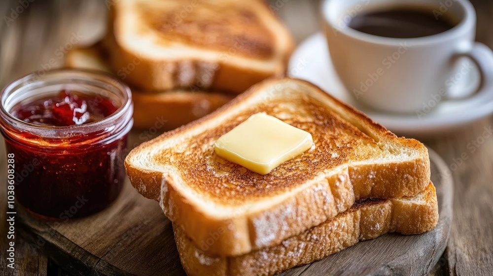 Toast with Butter and Jam Next to Coffee