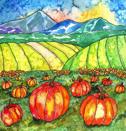 A hand-drawn autumn postcard.Pumpkin patch with lots of ripe pumpkins for Halloween or Thanksgiving. The harvest season.