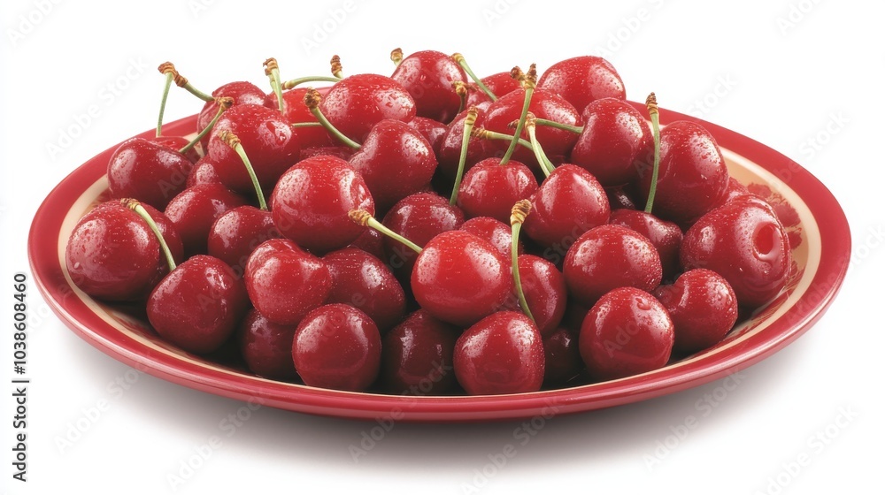 A plate filled with bright red cherries, set against a plain white background. A plate filled with bright red cherries, set against a plain white background.