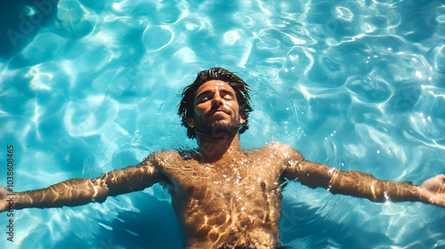 Relaxed young man floating on water in a pool, serene expression with eyes closed, feeling calm and free, embracing peaceful solitude, top view in tranquil aqua blue surroundings, mindfulness state