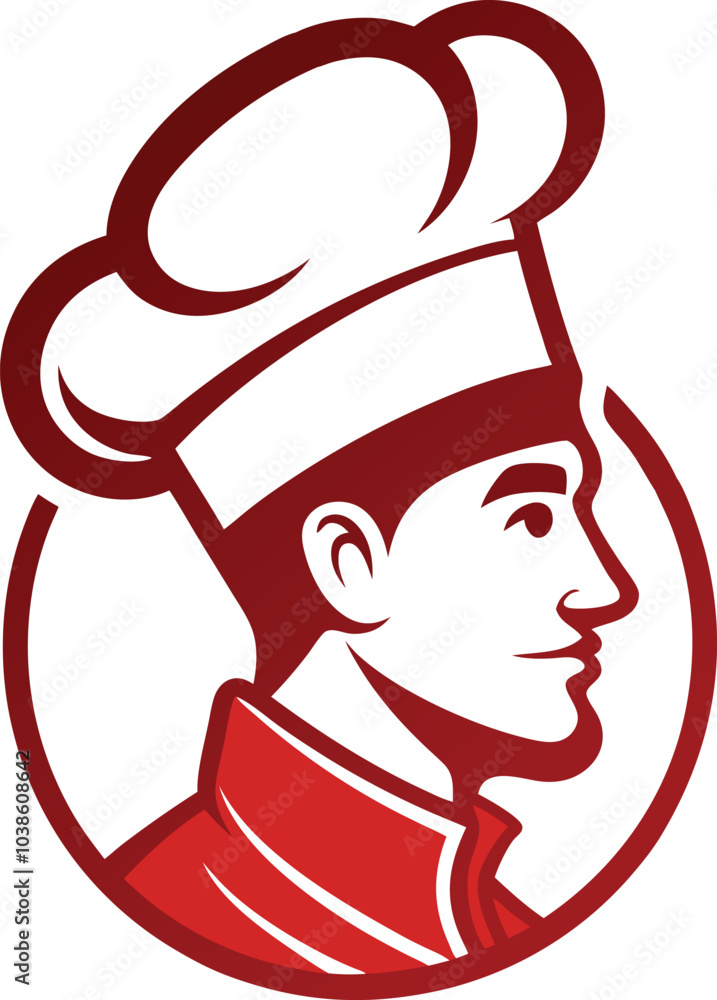 Chef's Profile: A minimalist illustration of a chef in profile, wearing a traditional chef's hat and jacket, with a bold red outline against a white background. Chef's Profile: A minimalist illustration of a chef in profile, wearing a traditional chef's hat and jacket, with a bold red outline against a white background.