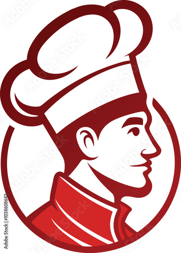 Chef's Profile: A minimalist illustration of a chef in profile, wearing a traditional chef's hat and jacket, with a bold red outline against a white background.