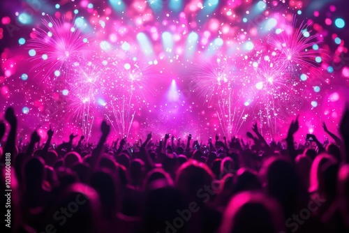 Wallpaper Mural New Year 2025, fireworks shining in the sky as a silhouetted crowd watches in awe, festive atmosphere, flat design illustration Torontodigital.ca