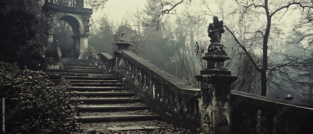 Fototapeta premium Mysterious Abandoned Staircase Foggy Pathway Overgrown Nature