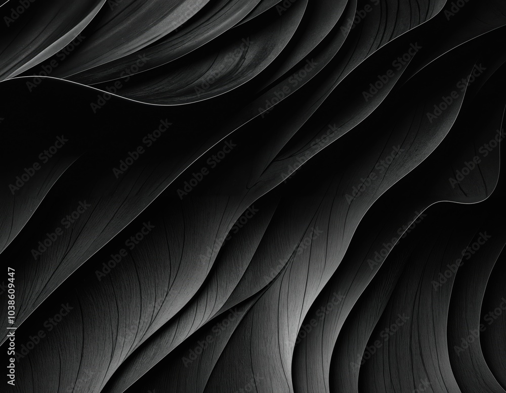 Obraz premium This black and white image features a mesmerizing, wavy, and textured landscape with a dark background, showcasing intricate, flowing lines and textures that create depth and dimension