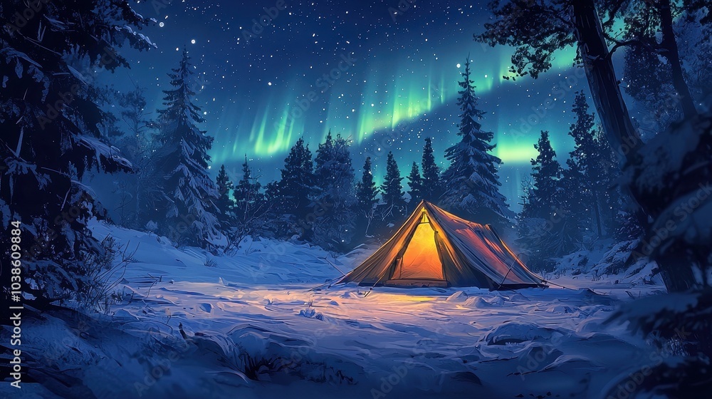 Winter Camping Scene with Snowy Tent Under Aurora Winter Camping Scene with Snowy Tent Under Aurora