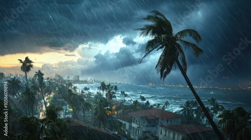 Wallpaper Mural Stormy Tropical Hurricane Over Coastal Town with Palm Trees Torontodigital.ca