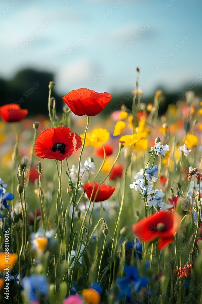 Fototapeta premium Vibrant Colorful Wildflower Field Bright Spring Blooms Sunshine Nature Beauty