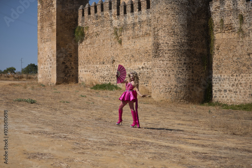 Drag queen, blonde, attractive, with crown, with dress, high heeled boots and pink fan, fanning herself outdoors with a castle in the background. Concept pride, identity, diversity, artist. photo