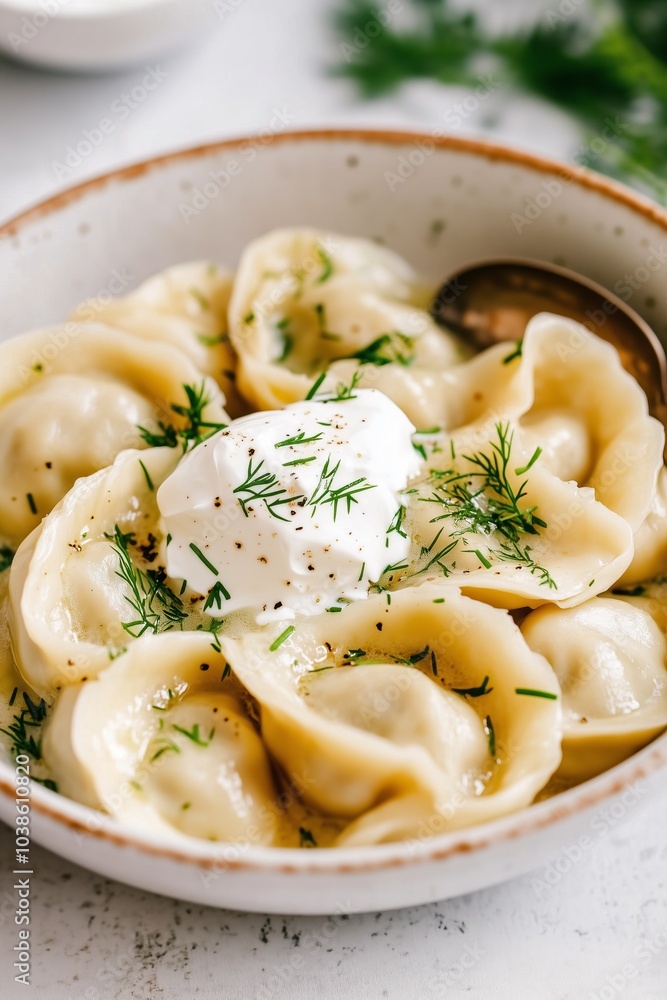 bowl of freshly cooked pelmeni dumplings, garnished with fresh dill and served with a dollop of sour cream in the center bowl of freshly cooked pelmeni dumplings, garnished with fresh dill and served with a dollop of sour cream in the center