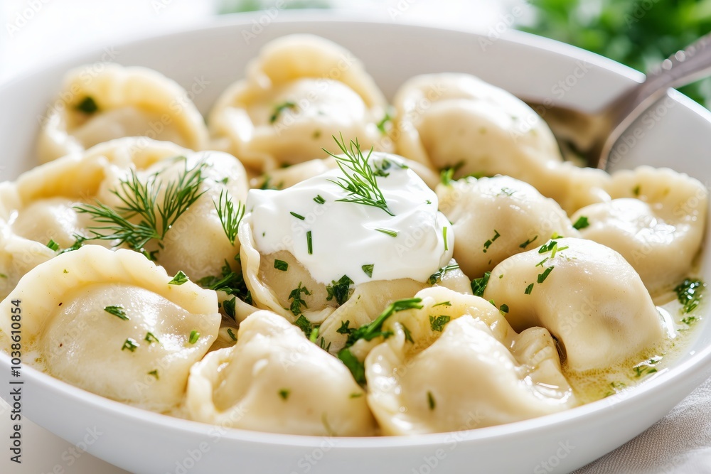 bowl of freshly cooked pelmeni dumplings, garnished with fresh dill and served with a dollop of sour cream in the center bowl of freshly cooked pelmeni dumplings, garnished with fresh dill and served with a dollop of sour cream in the center