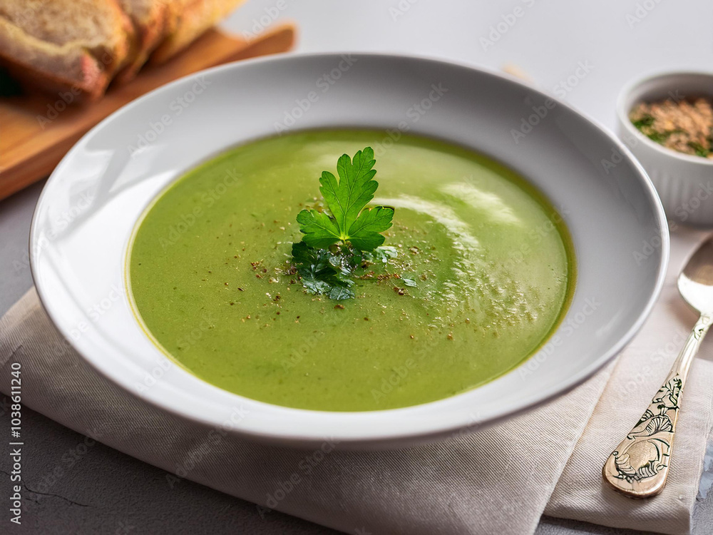A bowl of detox vegetable soup filled with spinach, zucchini, and celery, garnished with parsley and accompanied by bread ai. A bowl of detox vegetable soup filled with spinach, zucchini, and celery, garnished with parsley and accompanied by bread ai.