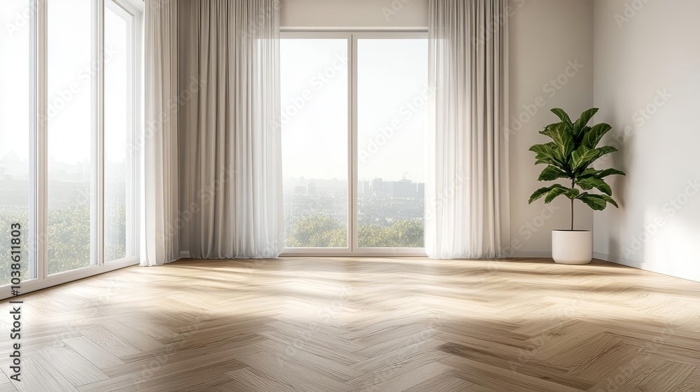 Fototapeta premium Warm-toned oak parquet flooring, bathed in natural light from floor-to-ceiling windows, minimalistic room with subtle greenery and soft curtains flowing