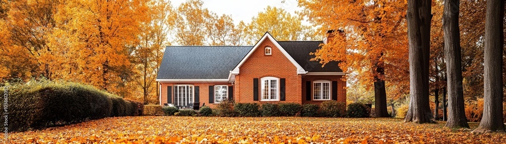 Elegant brick house nestled in an autumn landscape, bright orange and yellow trees, fallen leaves creating a natural carpet in a peaceful backyard Elegant brick house nestled in an autumn landscape, bright orange and yellow trees, fallen leaves creating a natural carpet in a peaceful backyard