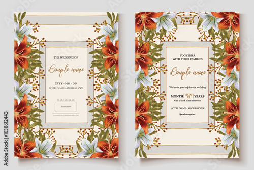 WEDDING INVITATION FRAME WITH FLOWER DECORATIONS AND FRESH LEAVES 