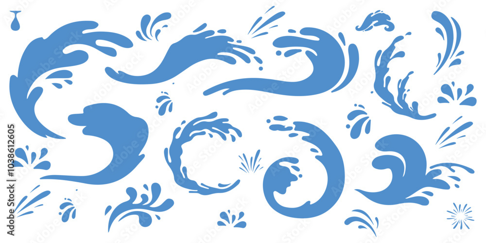 Water crown splashes and wave swirl with drops. Vector transparent blue liquid splashing fluids with droplets, isolated realistic 3d elements, fresh drink, clear aqua falling or pour with air bubbles Water crown splashes and wave swirl with drops. Vector transparent blue liquid splashing fluids with droplets, isolated realistic 3d elements, fresh drink, clear aqua falling or pour with air bubbles