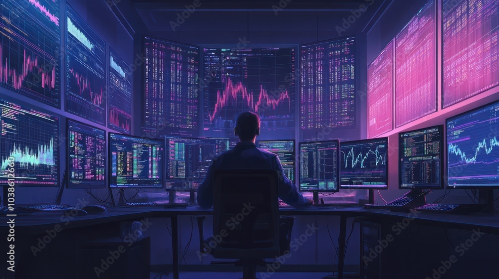 Fototapeta premium A man works as an operator specialist in a computer data center in front of many monitors with charts and data