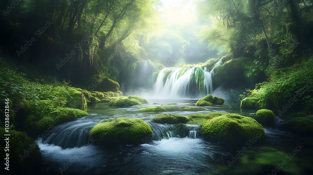 A peaceful woodland stream with crystal-clear water flowing over moss-covered rocks, surrounded by dense forest A peaceful woodland stream with crystal-clear water flowing over moss-covered rocks, surrounded by dense forest