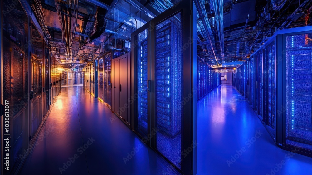 A panoramic view of a modern data center with blue lighting and server racks. A panoramic view of a modern data center with blue lighting and server racks.
