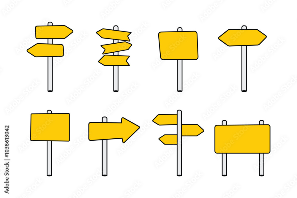 Yellow street signs. Directional pole with wayfinding arrows, finger post sign isolated realistic vector illustration set Yellow street signs. Directional pole with wayfinding arrows, finger post sign isolated realistic vector illustration set