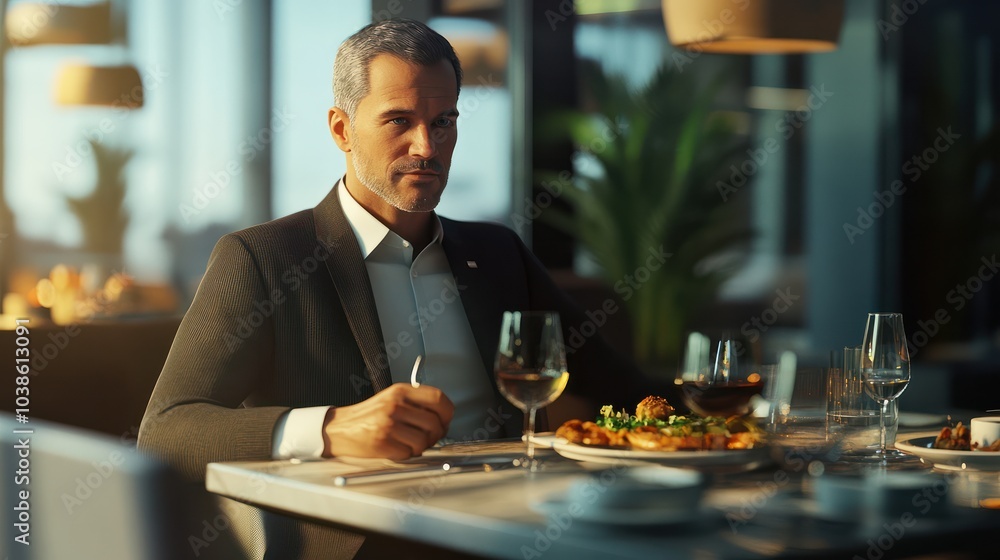 A private business trip to a culinary destination, with the businessman indulging in gourmet dining experiences after successful meetings. Generative AI. A private business trip to a culinary destination, with the businessman indulging in gourmet dining experiences after successful meetings. Generative AI.