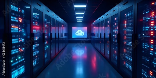 A server room with rows of computer servers, glowing blue and red, illuminated by the cloud symbol on the screen.