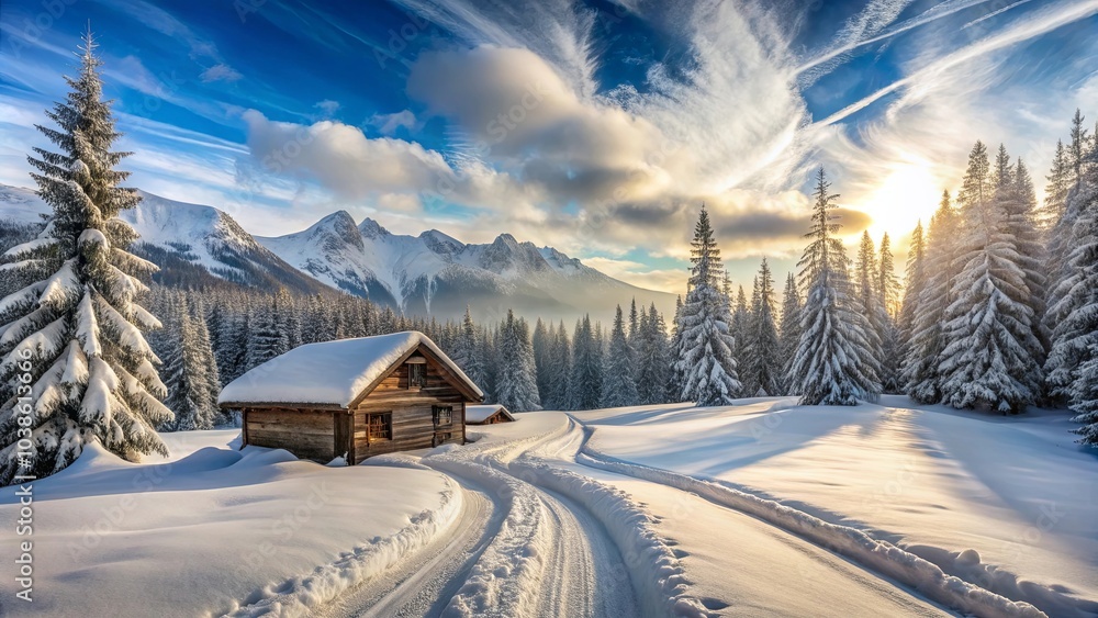 A solitary wooden cabin nestled amidst snow-covered pine trees, bathed in the golden glow of a winter sunrise, with a winding path leading to a breathtaking vista of snow-capped mountains. A solitary wooden cabin nestled amidst snow-covered pine trees, bathed in the golden glow of a winter sunrise, with a winding path leading to a breathtaking vista of snow-capped mountains.