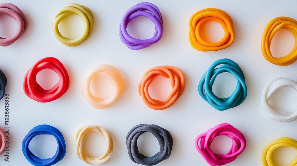 Colorful rubber hair ties against a plain white backdrop. Colorful rubber hair ties against a plain white backdrop.