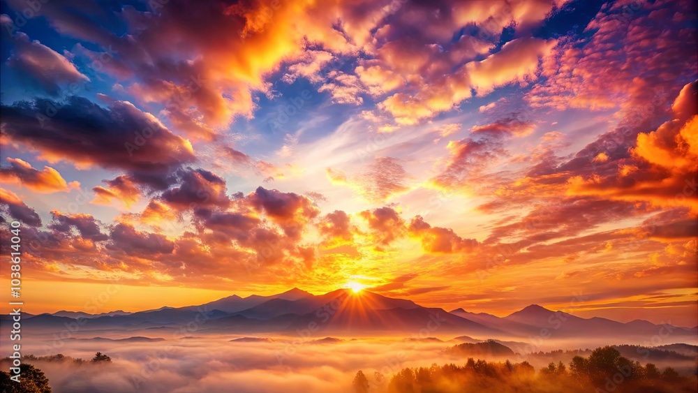 Fototapeta premium Golden Hour Majesty A symphony of orange and gold hues paints the sky as the sun rises over a misty valley, creating a breathtaking panorama of celestial beauty.